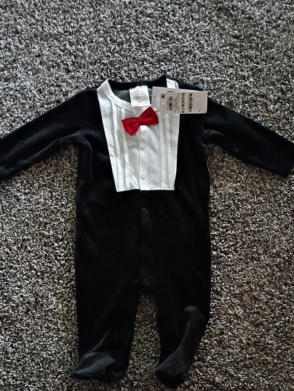 First Impressions Black and White Tuxedo One-Piece with Red Bow